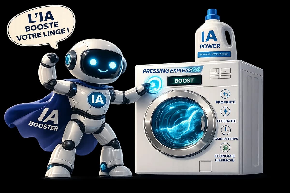 Mascotte IA Pressing Express 24 devant une machine à laver intelligente