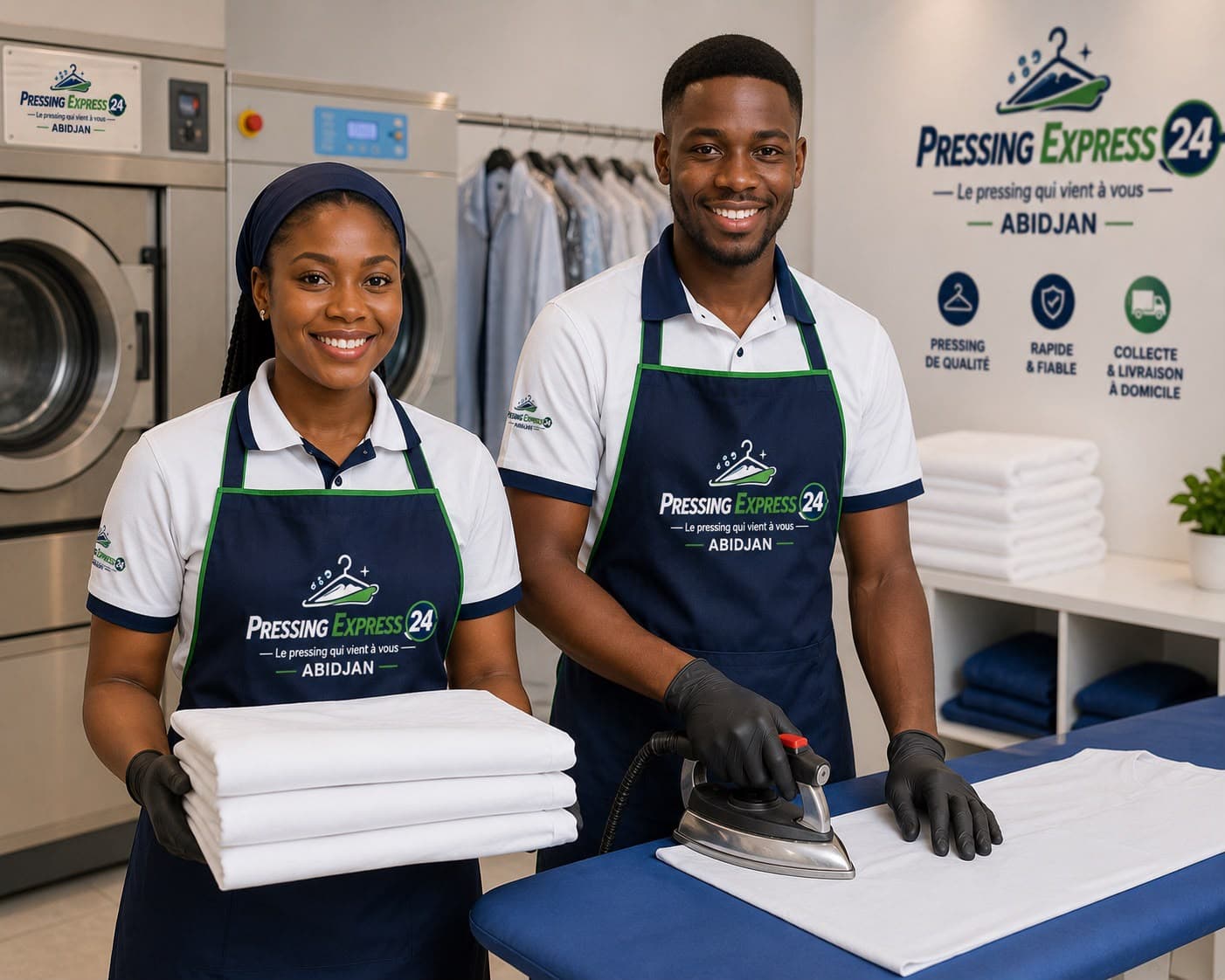 Deux employés Pressing Express 24 en tablier repassent et plient du linge dans l'atelier à Abidjan